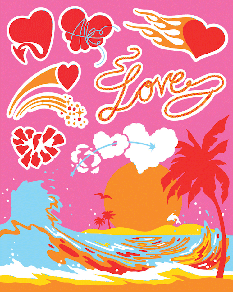 A colorful poster with a pink background features a variety of hearts and love-related symbols. AI generated content