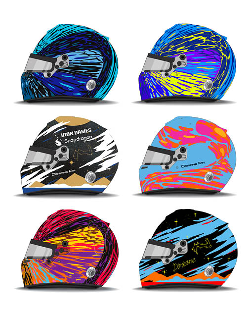 Six colorful racing helmets with abstract, dynamic patterns in various bright colors and designs are displayed in two rows of three. Description generated by AI