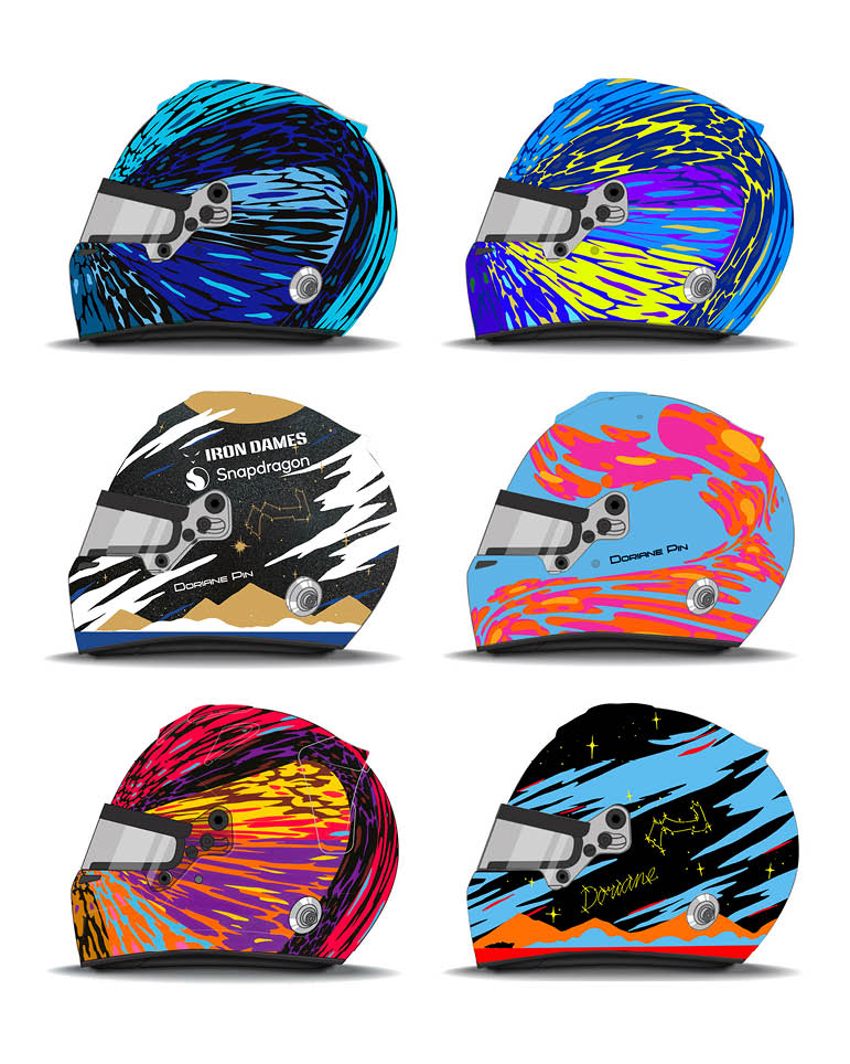Six colorful racing helmets with abstract, dynamic patterns in various bright colors and designs are displayed in two rows of three. Description generated by AI